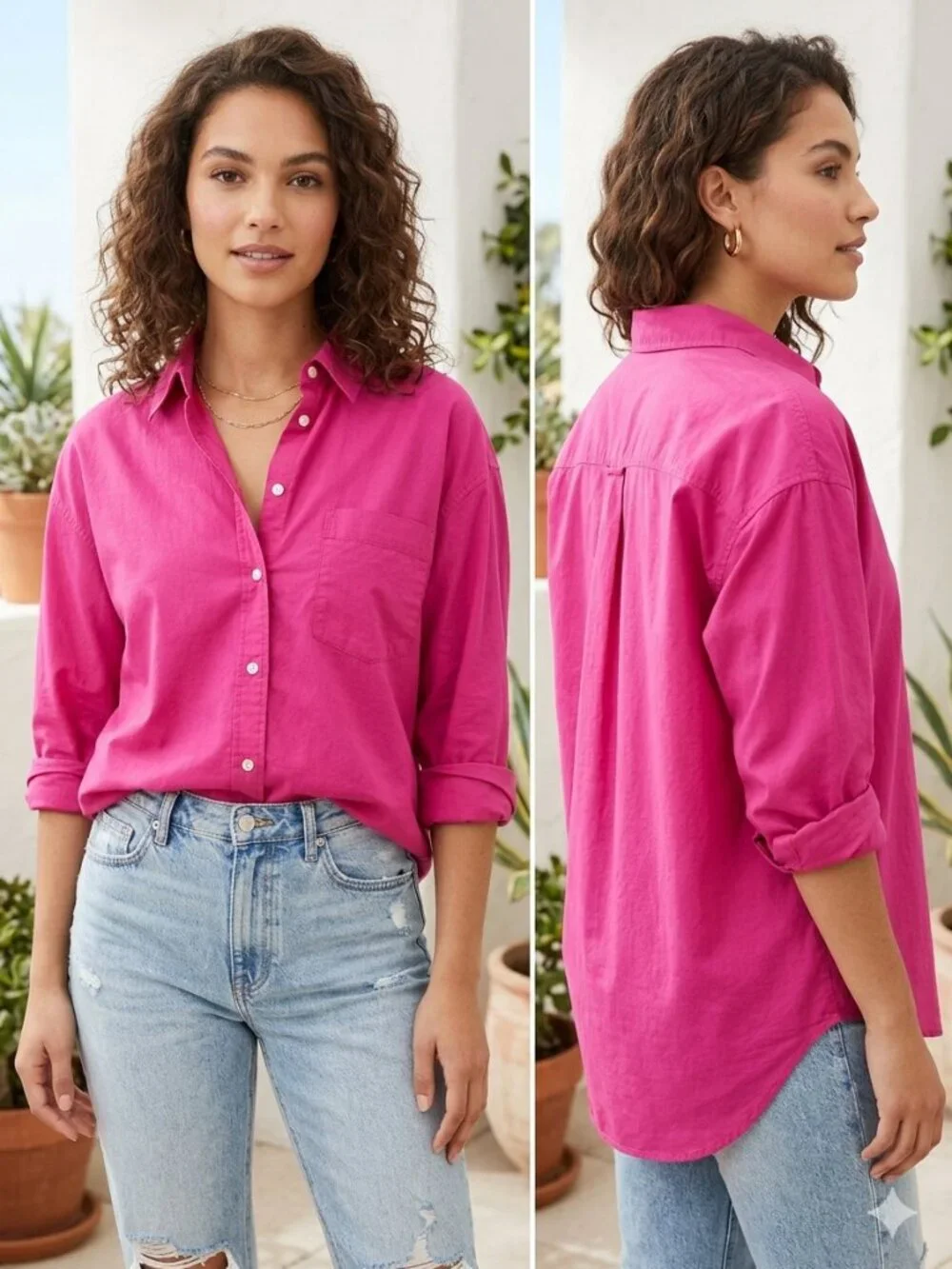 NWT Old Navy Boyfriend Shirt Women's Fuchsia Pink Button Down Long Sleeve Size L - Picture 1 of 6
